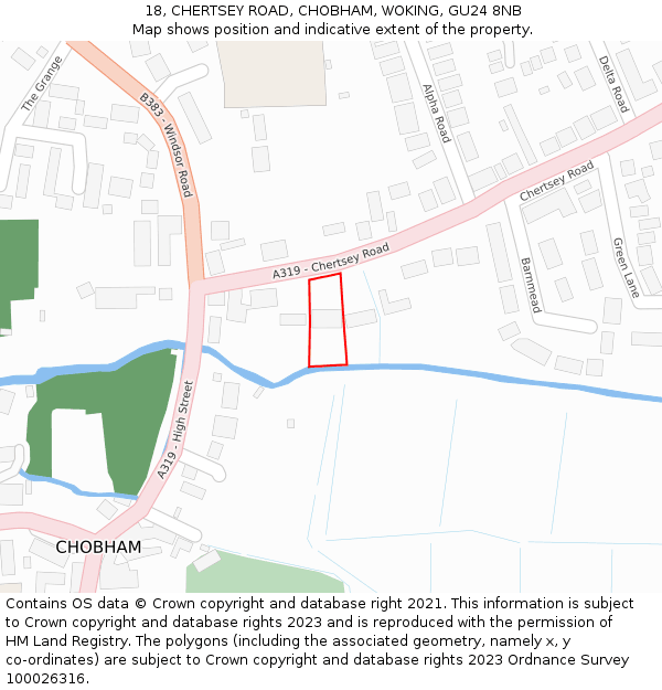 18, CHERTSEY ROAD, CHOBHAM, WOKING, GU24 8NB: Location map and indicative extent of plot