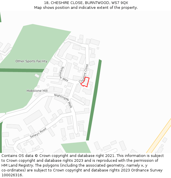 18, CHESHIRE CLOSE, BURNTWOOD, WS7 9QX: Location map and indicative extent of plot