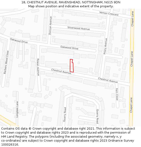 18, CHESTNUT AVENUE, RAVENSHEAD, NOTTINGHAM, NG15 9DN: Location map and indicative extent of plot