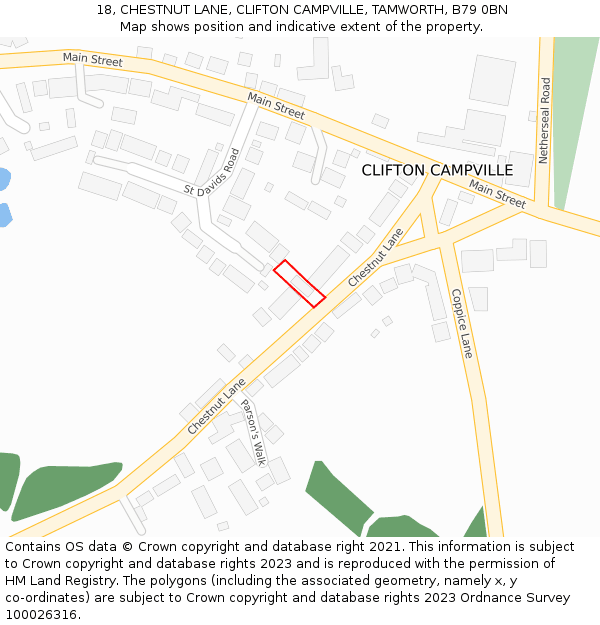 18, CHESTNUT LANE, CLIFTON CAMPVILLE, TAMWORTH, B79 0BN: Location map and indicative extent of plot