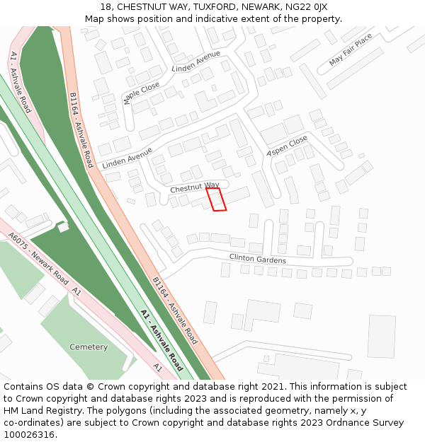 18, CHESTNUT WAY, TUXFORD, NEWARK, NG22 0JX: Location map and indicative extent of plot
