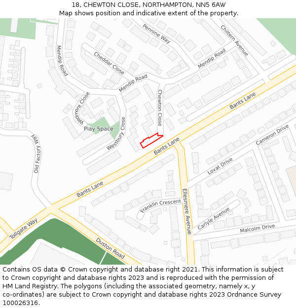 18, CHEWTON CLOSE, NORTHAMPTON, NN5 6AW: Location map and indicative extent of plot
