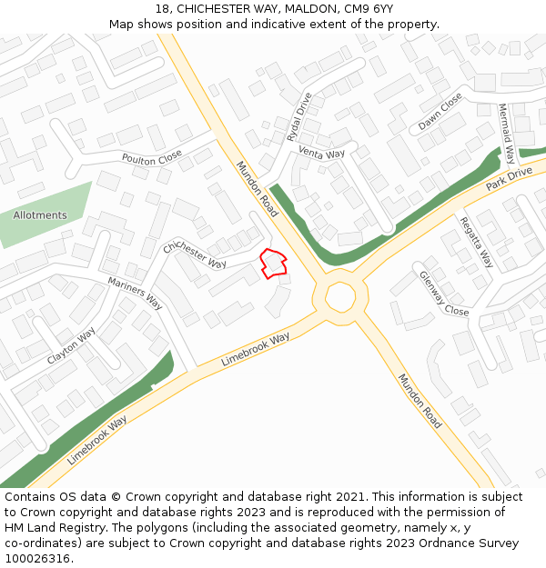 18, CHICHESTER WAY, MALDON, CM9 6YY: Location map and indicative extent of plot