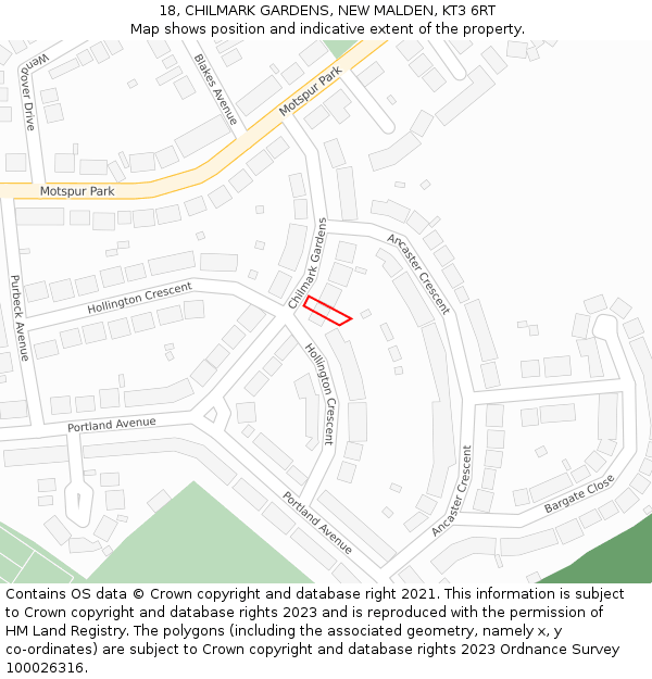 18, CHILMARK GARDENS, NEW MALDEN, KT3 6RT: Location map and indicative extent of plot