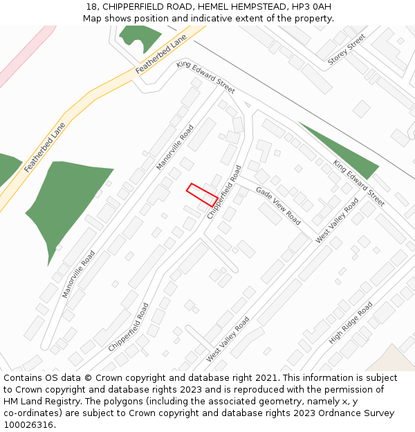 18, CHIPPERFIELD ROAD, HEMEL HEMPSTEAD, HP3 0AH: Location map and indicative extent of plot