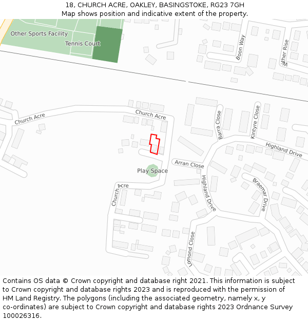 18, CHURCH ACRE, OAKLEY, BASINGSTOKE, RG23 7GH: Location map and indicative extent of plot