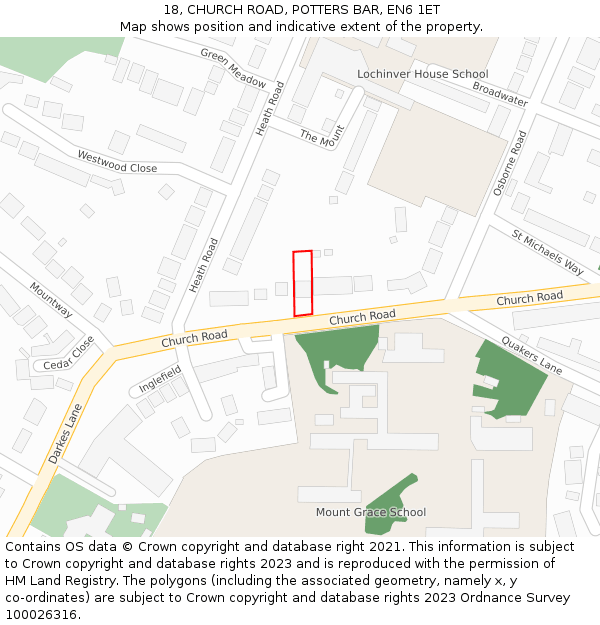 18, CHURCH ROAD, POTTERS BAR, EN6 1ET: Location map and indicative extent of plot