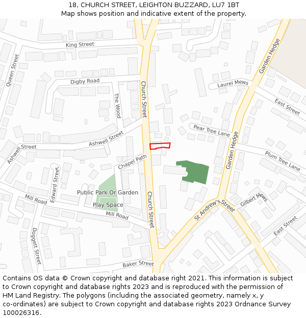 18, CHURCH STREET, LEIGHTON BUZZARD, LU7 1BT: Location map and indicative extent of plot