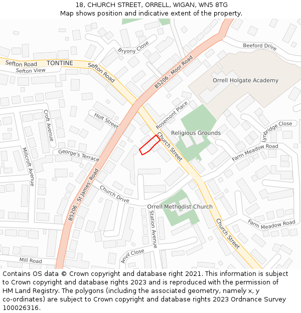 18, CHURCH STREET, ORRELL, WIGAN, WN5 8TG: Location map and indicative extent of plot