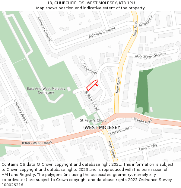 18, CHURCHFIELDS, WEST MOLESEY, KT8 1PU: Location map and indicative extent of plot