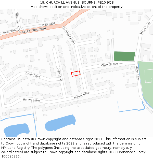 18, CHURCHILL AVENUE, BOURNE, PE10 9QB: Location map and indicative extent of plot