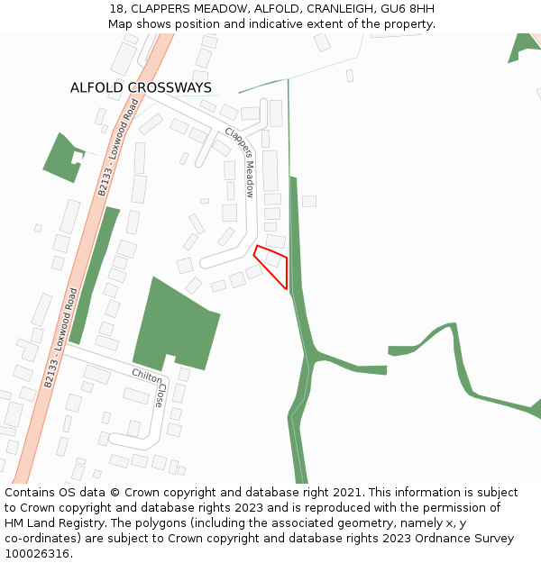 18, CLAPPERS MEADOW, ALFOLD, CRANLEIGH, GU6 8HH: Location map and indicative extent of plot