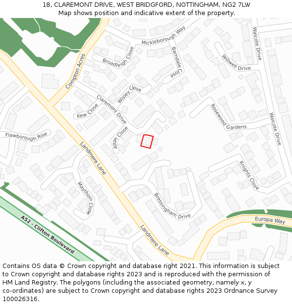 18, CLAREMONT DRIVE, WEST BRIDGFORD, NOTTINGHAM, NG2 7LW: Location map and indicative extent of plot