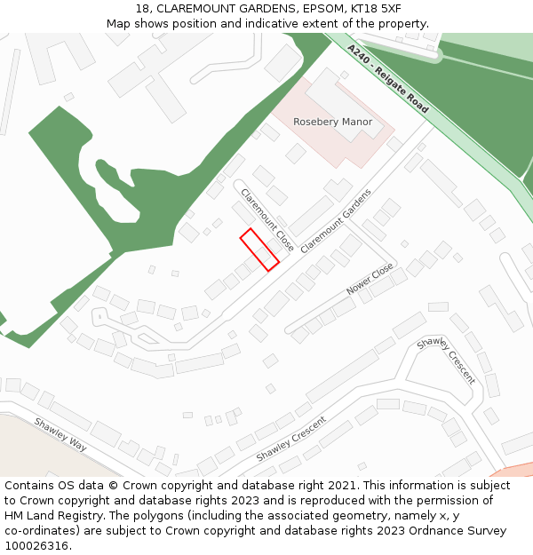 18, CLAREMOUNT GARDENS, EPSOM, KT18 5XF: Location map and indicative extent of plot