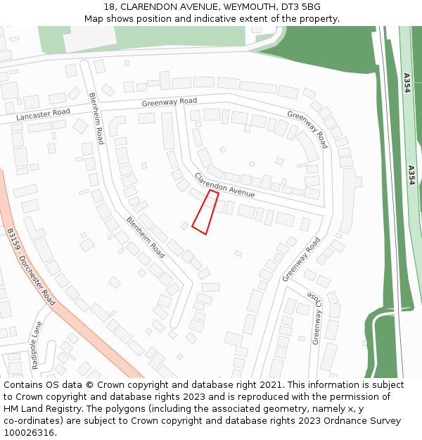 18, CLARENDON AVENUE, WEYMOUTH, DT3 5BG: Location map and indicative extent of plot