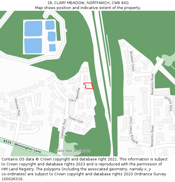 18, CLARY MEADOW, NORTHWICH, CW8 4XG: Location map and indicative extent of plot