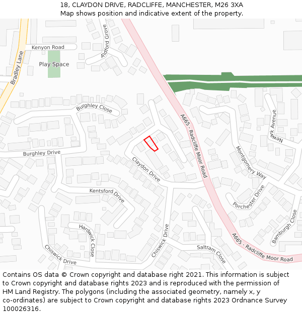 18, CLAYDON DRIVE, RADCLIFFE, MANCHESTER, M26 3XA: Location map and indicative extent of plot