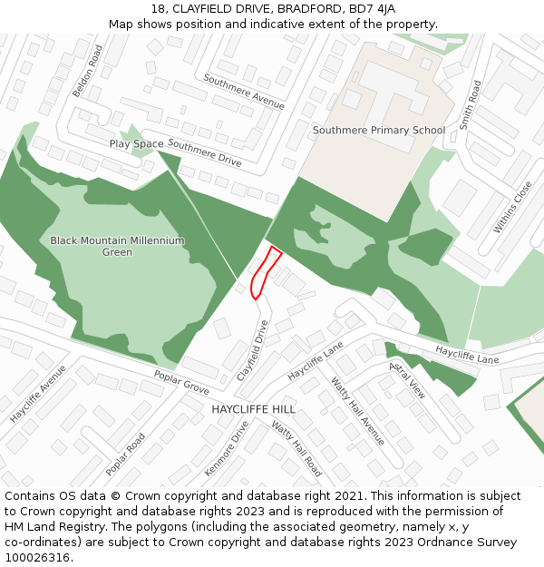 18, CLAYFIELD DRIVE, BRADFORD, BD7 4JA: Location map and indicative extent of plot