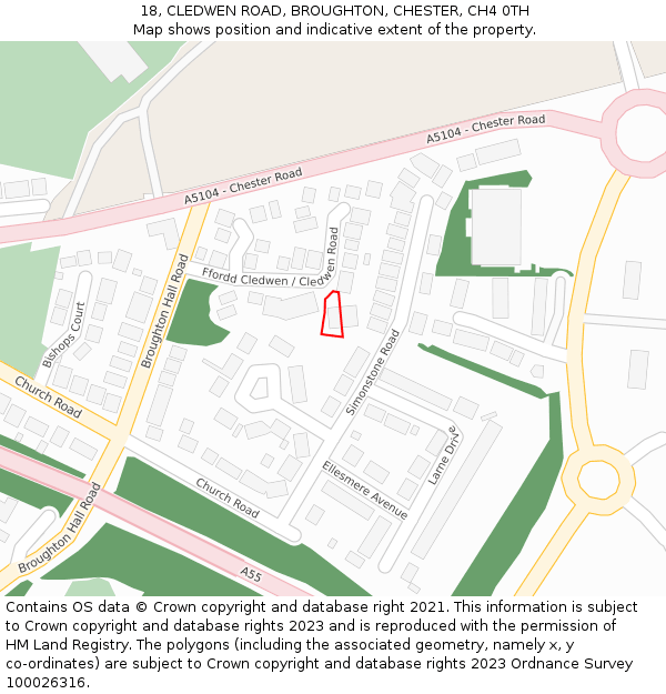 18, CLEDWEN ROAD, BROUGHTON, CHESTER, CH4 0TH: Location map and indicative extent of plot