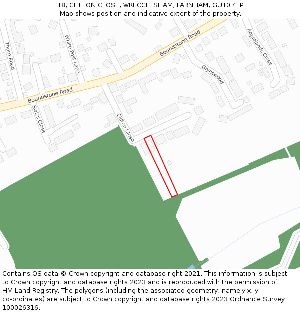 18, CLIFTON CLOSE, WRECCLESHAM, FARNHAM, GU10 4TP: Location map and indicative extent of plot