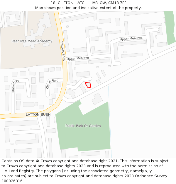 18, CLIFTON HATCH, HARLOW, CM18 7FF: Location map and indicative extent of plot