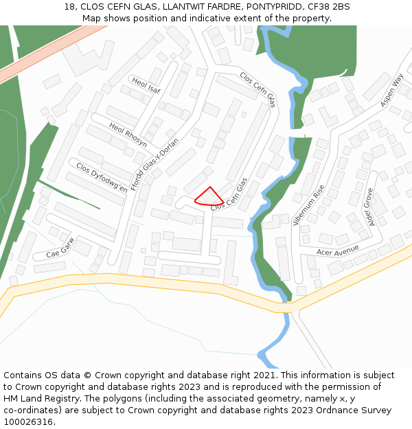 18, CLOS CEFN GLAS, LLANTWIT FARDRE, PONTYPRIDD, CF38 2BS: Location map and indicative extent of plot