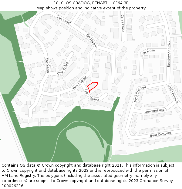18, CLOS CRADOG, PENARTH, CF64 3RJ: Location map and indicative extent of plot