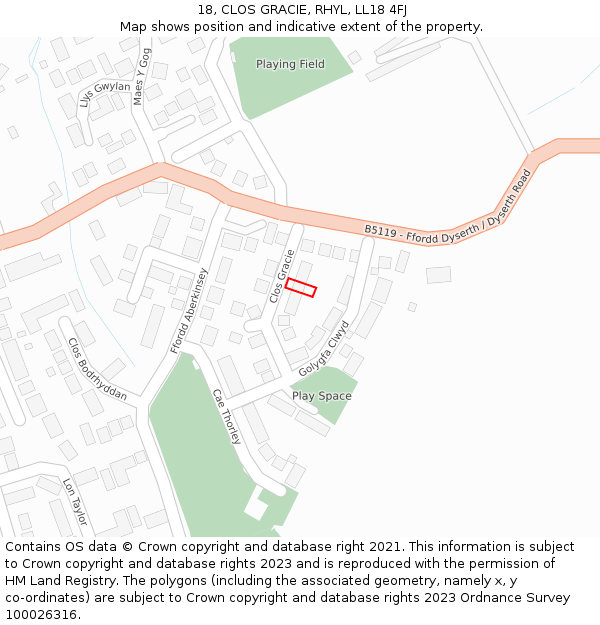 18, CLOS GRACIE, RHYL, LL18 4FJ: Location map and indicative extent of plot