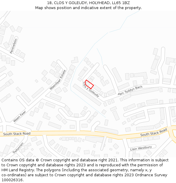 18, CLOS Y GOLEUDY, HOLYHEAD, LL65 1BZ: Location map and indicative extent of plot