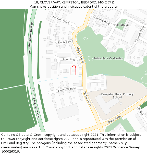 18, CLOVER WAY, KEMPSTON, BEDFORD, MK42 7FZ: Location map and indicative extent of plot