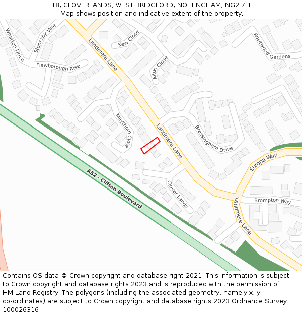 18, CLOVERLANDS, WEST BRIDGFORD, NOTTINGHAM, NG2 7TF: Location map and indicative extent of plot