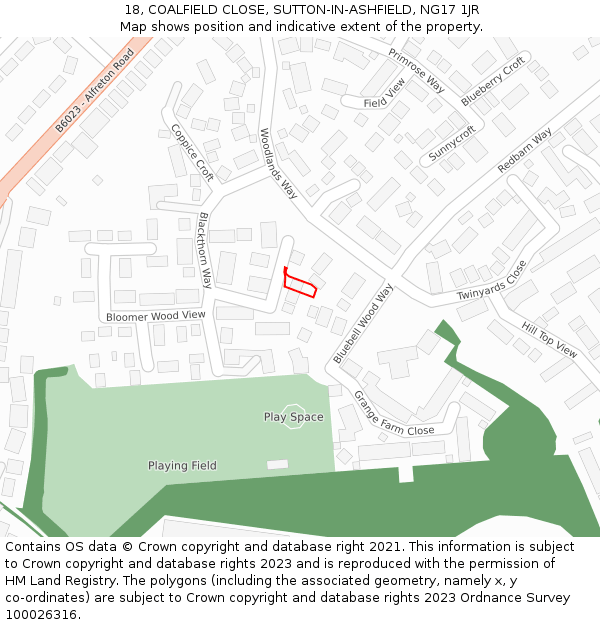 18, COALFIELD CLOSE, SUTTON-IN-ASHFIELD, NG17 1JR: Location map and indicative extent of plot