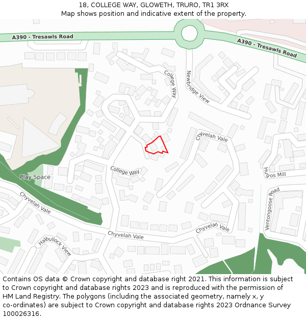 18, COLLEGE WAY, GLOWETH, TRURO, TR1 3RX: Location map and indicative extent of plot