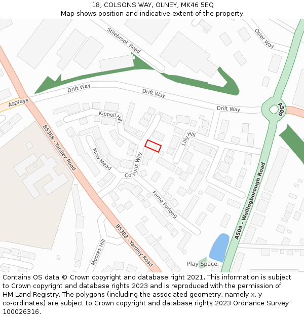 18, COLSONS WAY, OLNEY, MK46 5EQ: Location map and indicative extent of plot