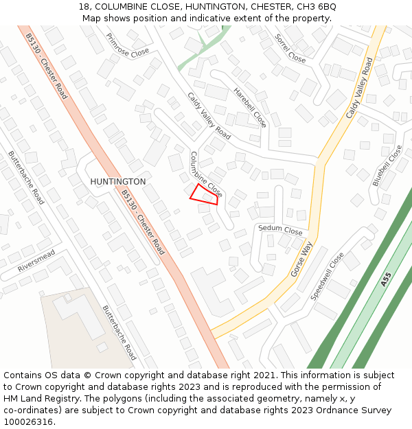 18, COLUMBINE CLOSE, HUNTINGTON, CHESTER, CH3 6BQ: Location map and indicative extent of plot