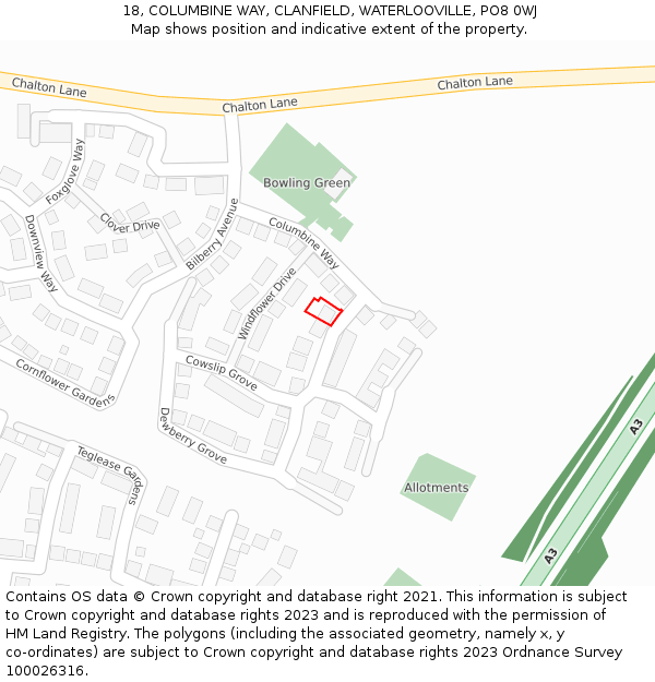 18, COLUMBINE WAY, CLANFIELD, WATERLOOVILLE, PO8 0WJ: Location map and indicative extent of plot