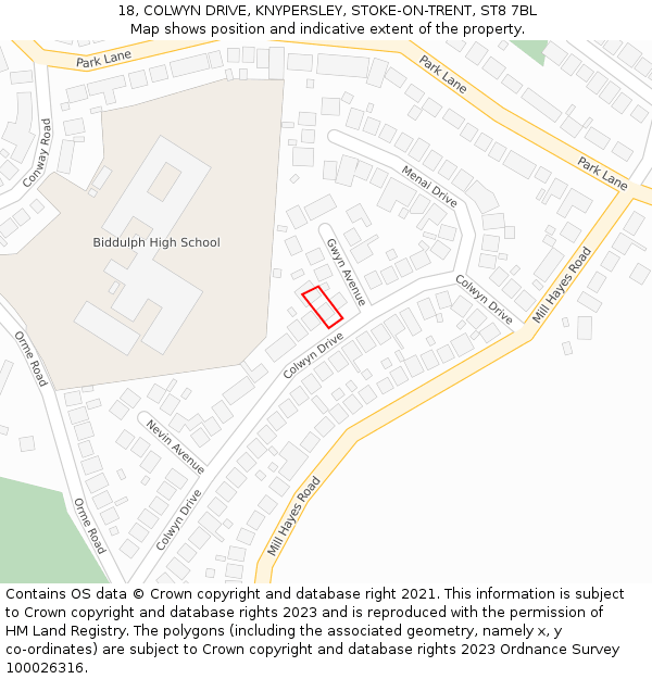 18, COLWYN DRIVE, KNYPERSLEY, STOKE-ON-TRENT, ST8 7BL: Location map and indicative extent of plot