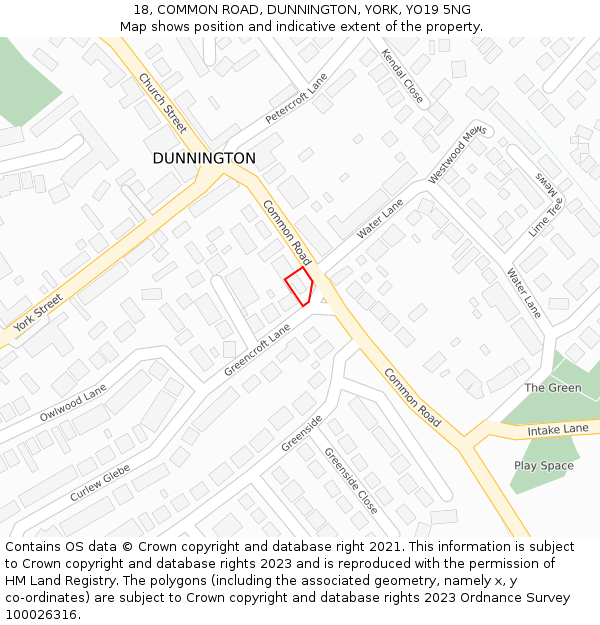 18, COMMON ROAD, DUNNINGTON, YORK, YO19 5NG: Location map and indicative extent of plot