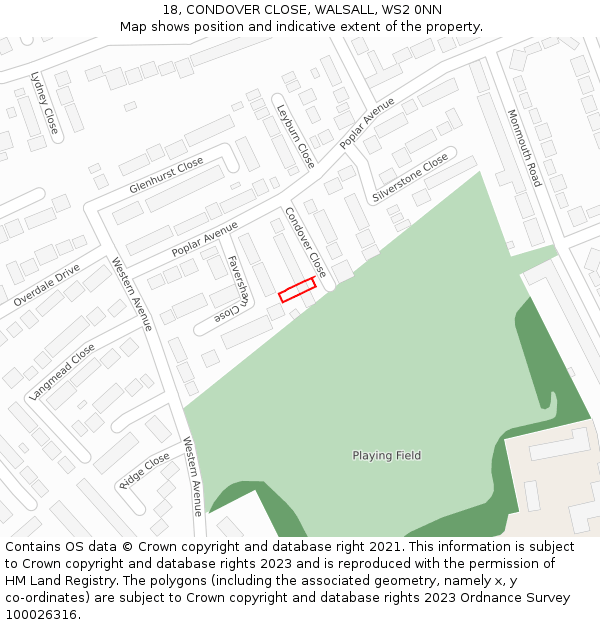 18, CONDOVER CLOSE, WALSALL, WS2 0NN: Location map and indicative extent of plot