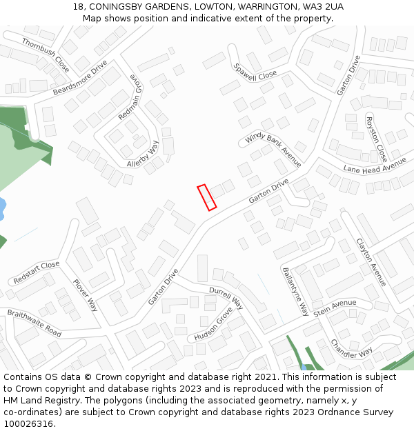 18, CONINGSBY GARDENS, LOWTON, WARRINGTON, WA3 2UA: Location map and indicative extent of plot