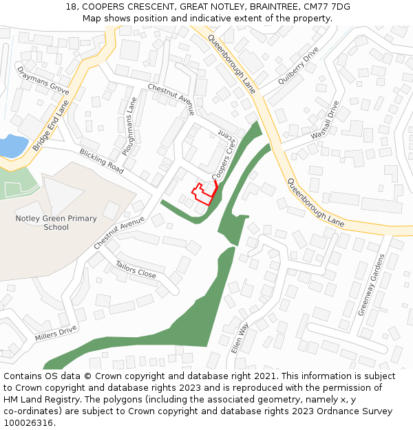 18, COOPERS CRESCENT, GREAT NOTLEY, BRAINTREE, CM77 7DG: Location map and indicative extent of plot