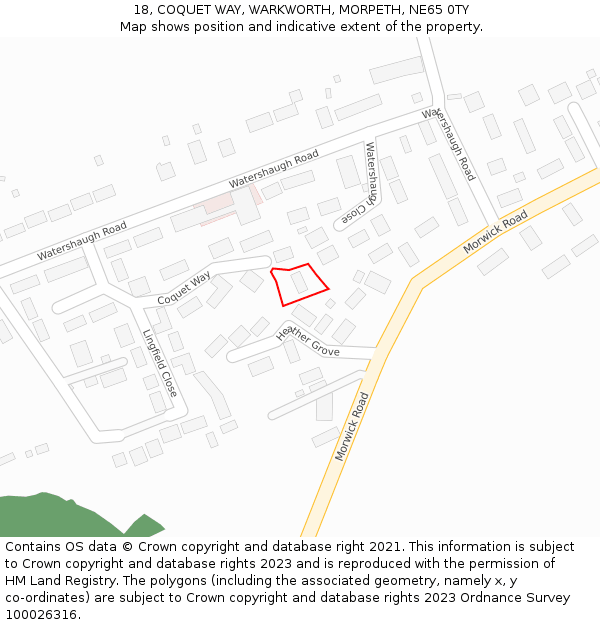 18, COQUET WAY, WARKWORTH, MORPETH, NE65 0TY: Location map and indicative extent of plot