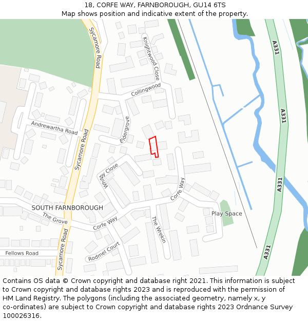 18, CORFE WAY, FARNBOROUGH, GU14 6TS: Location map and indicative extent of plot