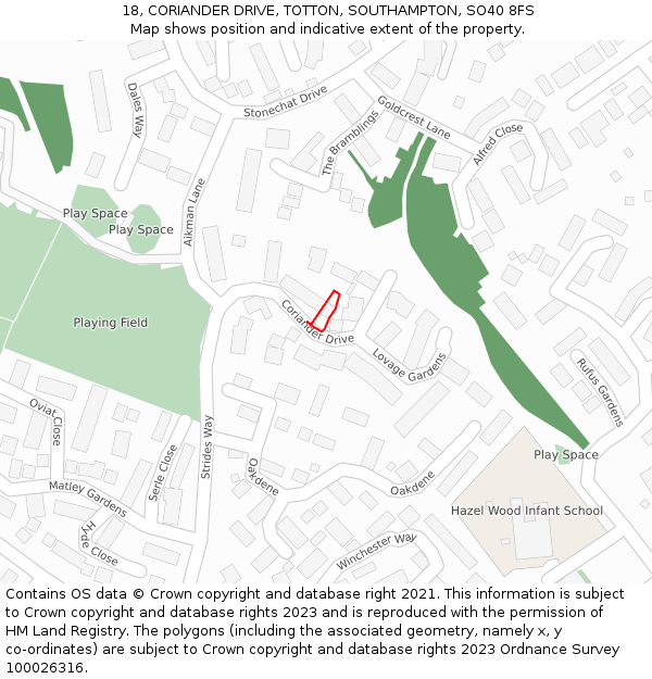 18, CORIANDER DRIVE, TOTTON, SOUTHAMPTON, SO40 8FS: Location map and indicative extent of plot