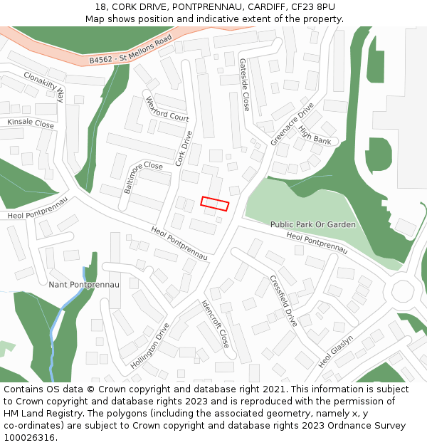 18, CORK DRIVE, PONTPRENNAU, CARDIFF, CF23 8PU: Location map and indicative extent of plot