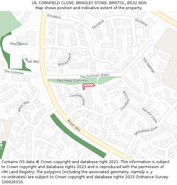 18, CORNFIELD CLOSE, BRADLEY STOKE, BRISTOL, BS32 9DN: Location map and indicative extent of plot