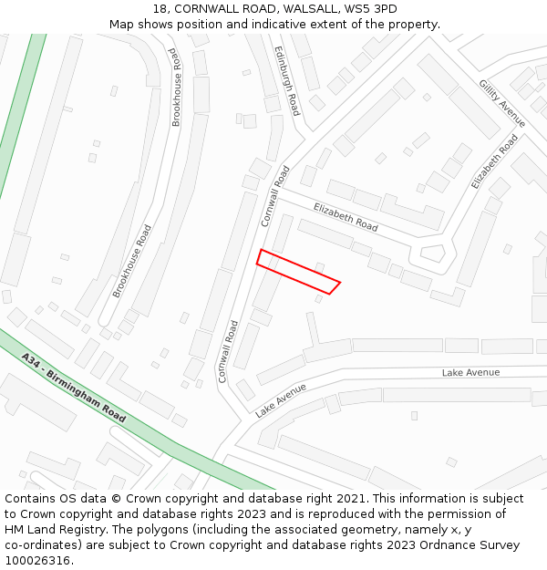 18, CORNWALL ROAD, WALSALL, WS5 3PD: Location map and indicative extent of plot
