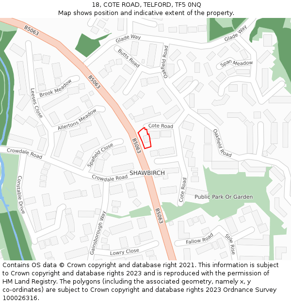 18, COTE ROAD, TELFORD, TF5 0NQ: Location map and indicative extent of plot
