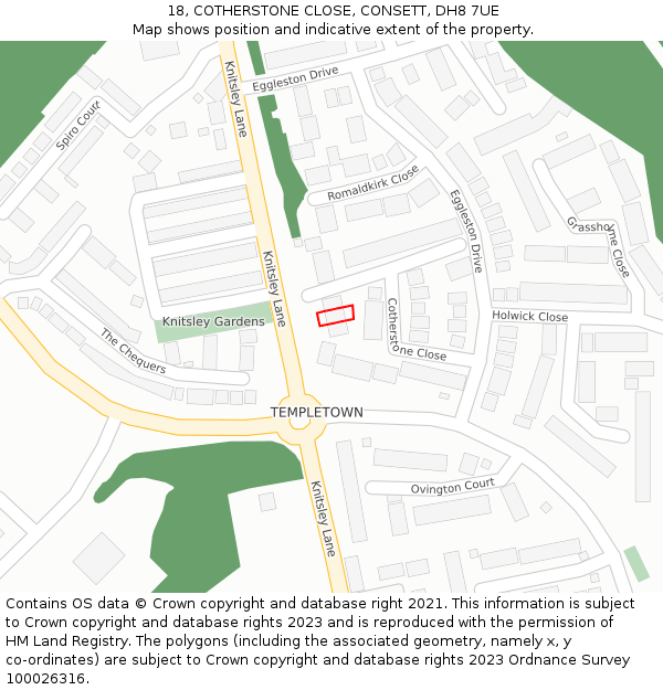 18, COTHERSTONE CLOSE, CONSETT, DH8 7UE: Location map and indicative extent of plot