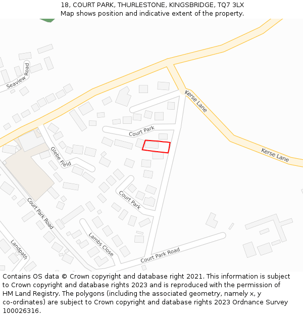18, COURT PARK, THURLESTONE, KINGSBRIDGE, TQ7 3LX: Location map and indicative extent of plot